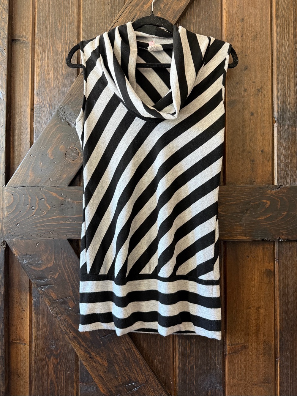 Y2K Cowl Neck Striped Tunic Top Indie Sleaze Stretch Knit Black Gray Medium